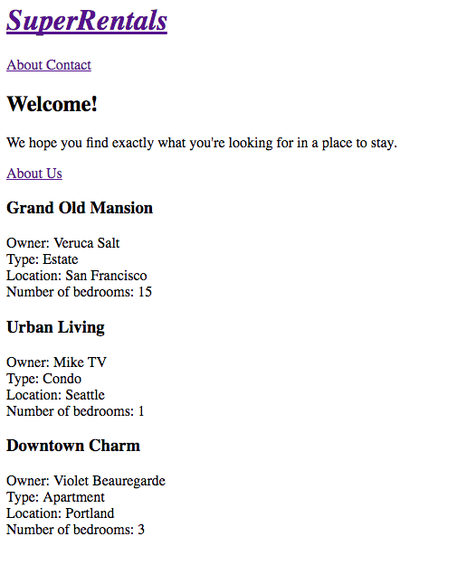 super rentals homepage with rentals list
